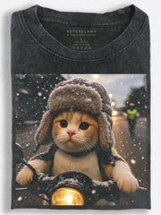 Wide-Eyed Retro Slavic Cat??£¤s Snowy Motorcycle Adventure Vintage Washed T-Shirt