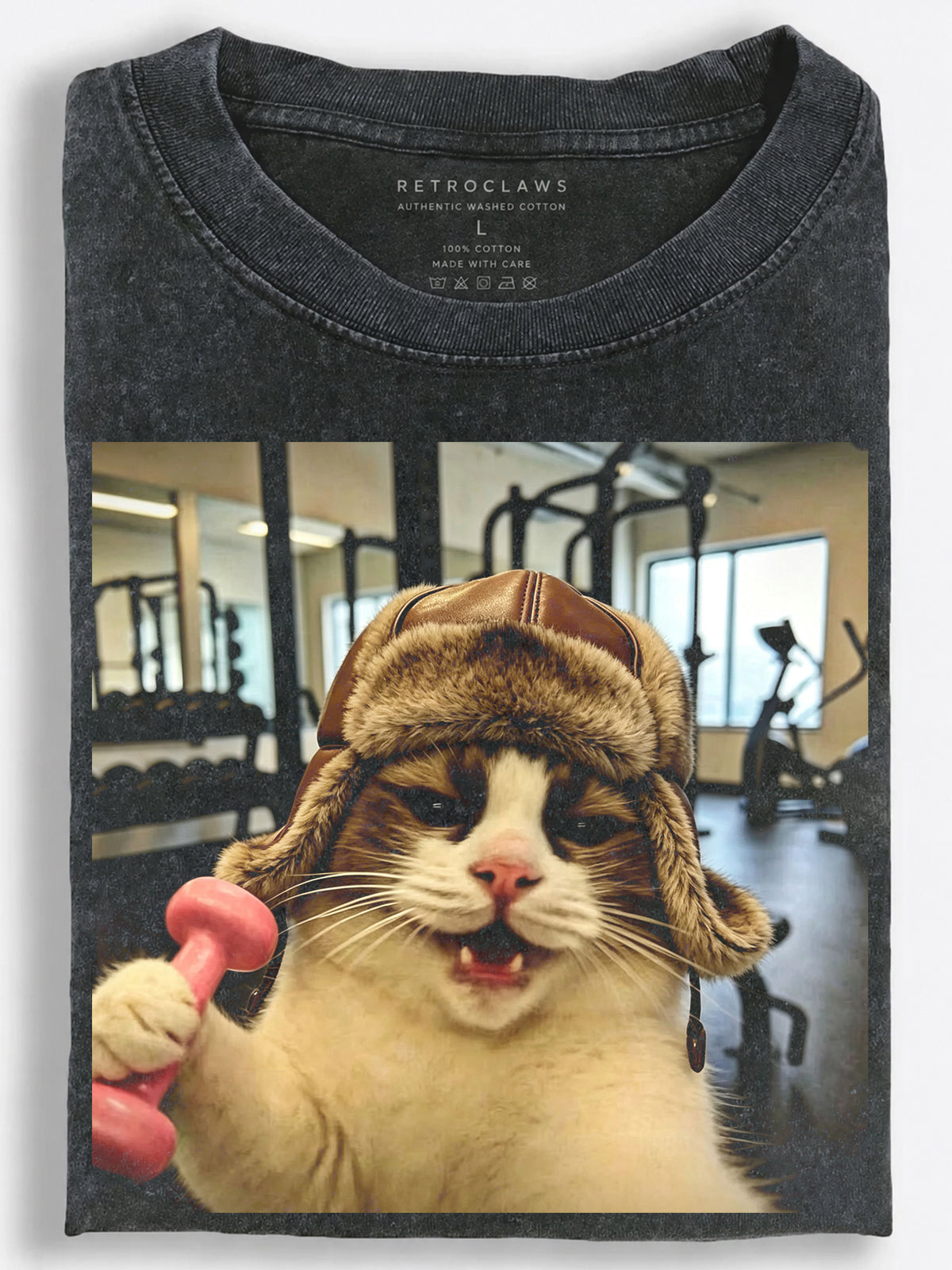 Retro Slavic Gym Cat??£¤s Tiny Dumbbell Workout Vintage Washed T-Shirt
