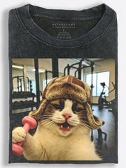 Retro Slavic Gym Cat??£¤s Tiny Dumbbell Workout Vintage Washed T-Shirt