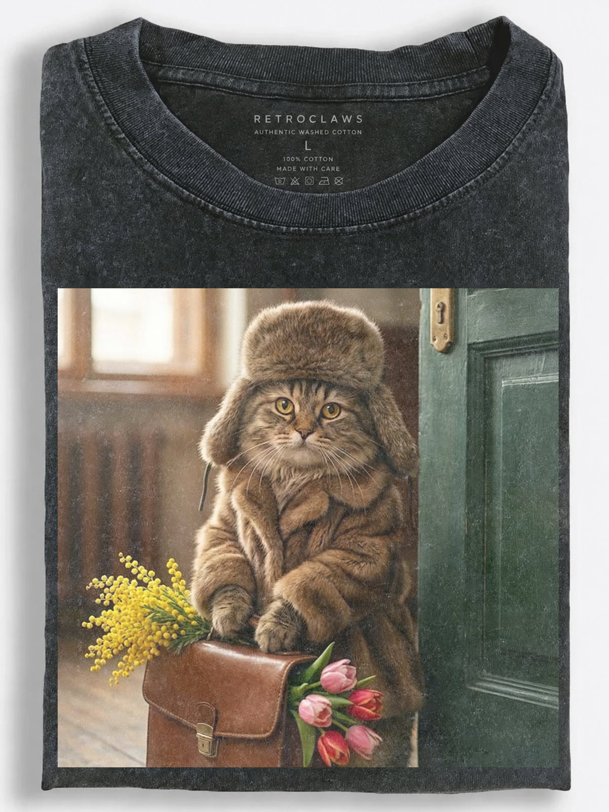 Vintage Slavic Cat Coming Home with Spring Flowers Vintage Washed T-Shirt