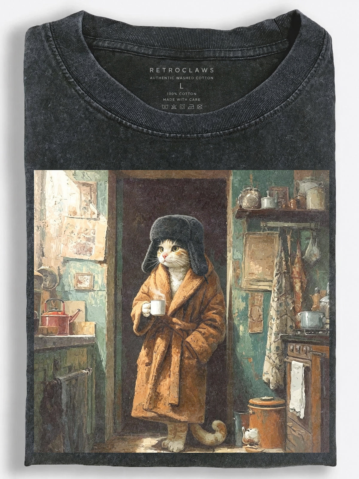 Vintage Slavic Cat??£¤s Slow Morning in the Kitchen Vintage Washed T-Shirt