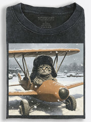 Winter Aviator Cat Vintage Washed T-Shirt