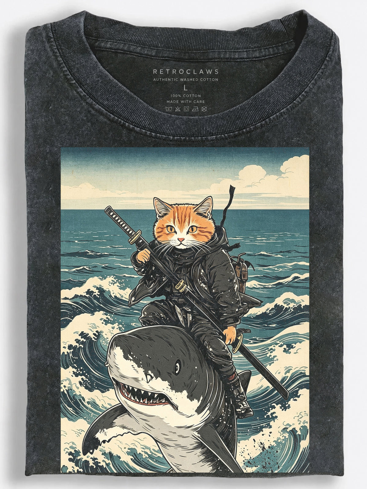 Ninja Cat Riding a Shark Japanese Ukiyo-e Vintage Washed T-Shirt
