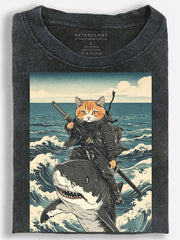 Ninja Cat Riding a Shark Japanese Ukiyo-e Vintage Washed T-Shirt