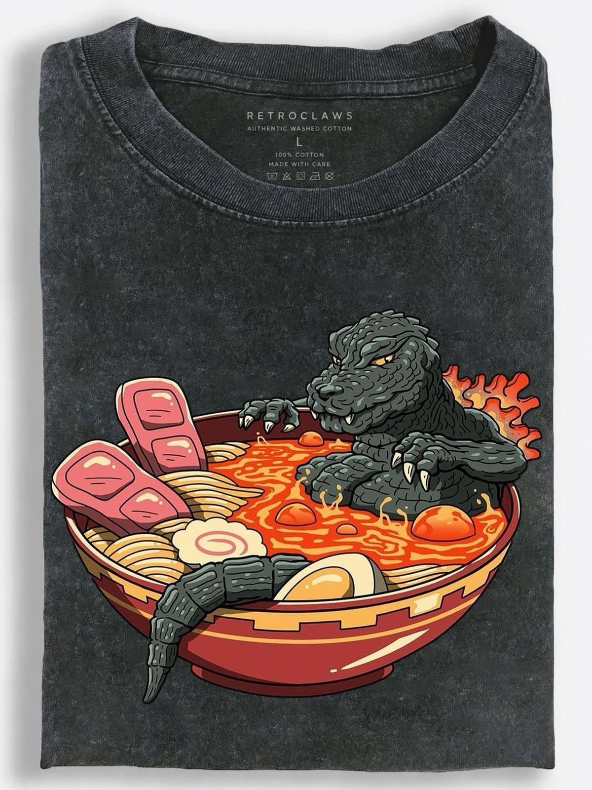 Kaiju Monster Ramen Bath Japanese Cartoon Vintage Washed T-Shirt