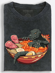 Kaiju Monster Ramen Bath Japanese Cartoon Vintage Washed T-Shirt