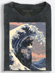 Black Cat and Great Wave Japanese Ukiyo-e Vintage Washed T-Shirt