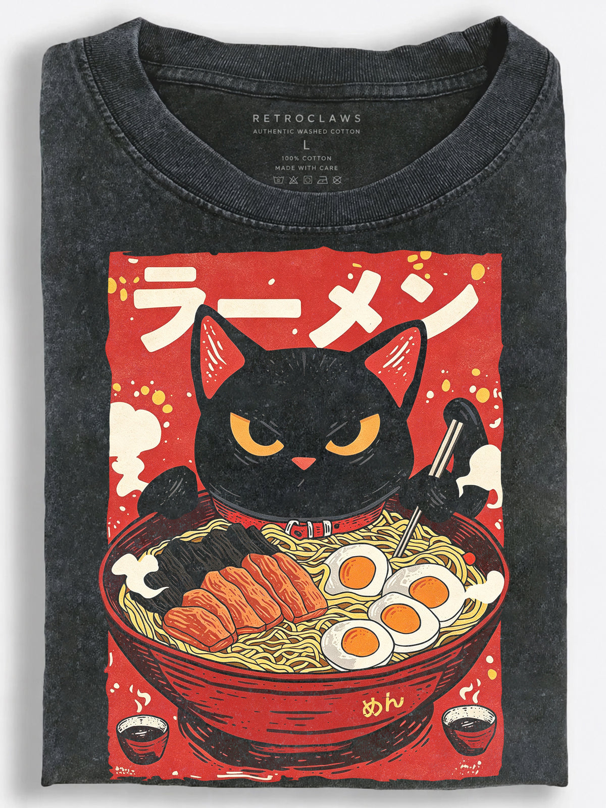Grumpy Black Cat Ramen Japanese Retro Poster Vintage Washed T-Shirt