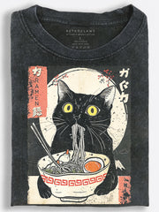 Wide-Eyed Black Cat Eating Ramen Japanese Ukiyo-e Vintage Washed T-Shirt