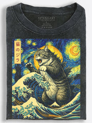 Giant Cat and Starry Great Wave Japanese Art Vintage Washed T-Shirt
