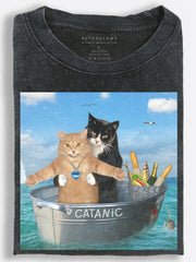 Catanic Cats at Sea Funny Collage Vintage Washed T-Shirt