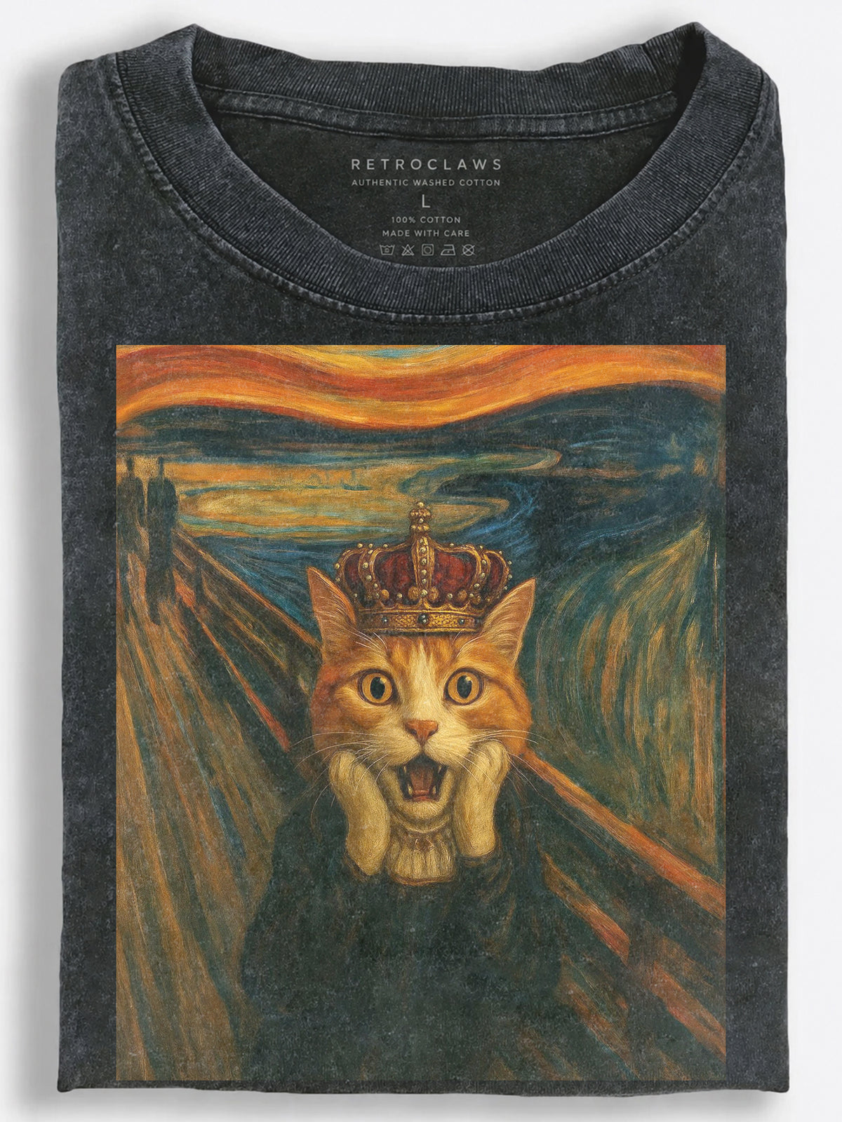 Crowned Cat in The Scream Classic Art Parody Vintage Washed T-Shirt