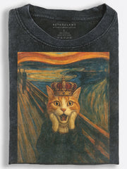 Crowned Cat in The Scream Classic Art Parody Vintage Washed T-Shirt