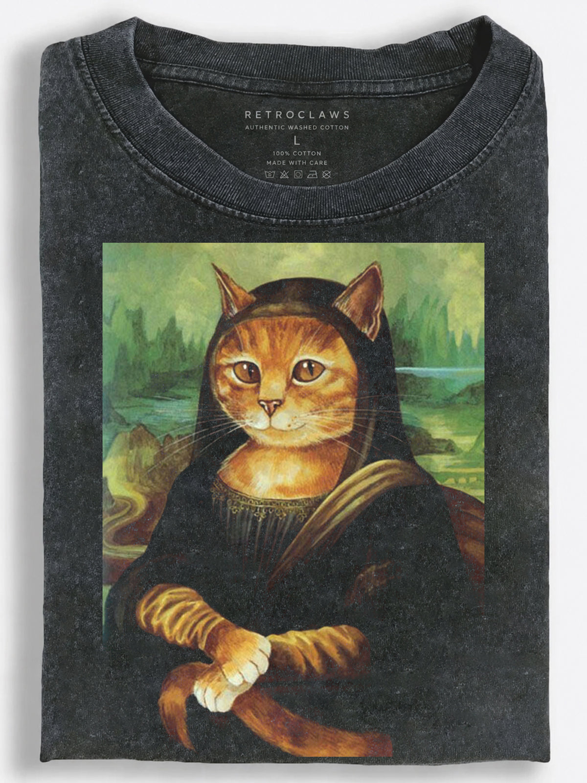 Mona Lisa Cat Renaissance Art Parody Vintage Washed T-Shirt