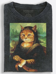 Mona Lisa Cat Renaissance Art Parody Vintage Washed T-Shirt