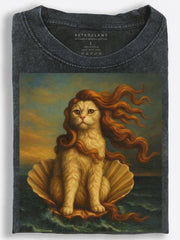 Birth of Venus Cat Renaissance Art Parody Vintage Washed T-Shirt