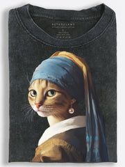 Girl with a Pearl Earring Cat Classic Art Parody Vintage Washed T-Shirt