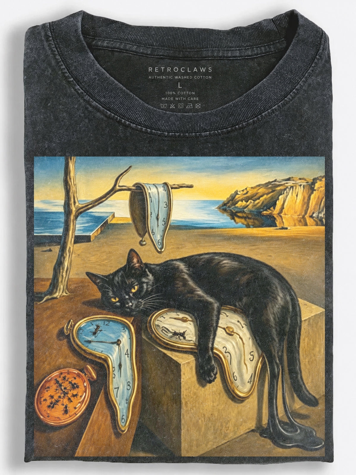 lack Cat with Melting Clocks Surrealist Art Vintage Washed T-Shirt