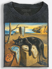 lack Cat with Melting Clocks Surrealist Art Vintage Washed T-Shirt