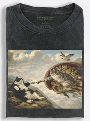 Creation of Adam Cats Renaissance Art Parody Vintage Washed T-Shirt