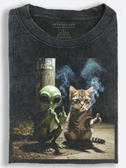 Alien and Cat Smoking & Flipping Off Vintage Washed T-Shirt