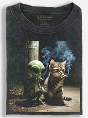 Alien and Cat Smoking Buddies Vintage Washed T-Shirt