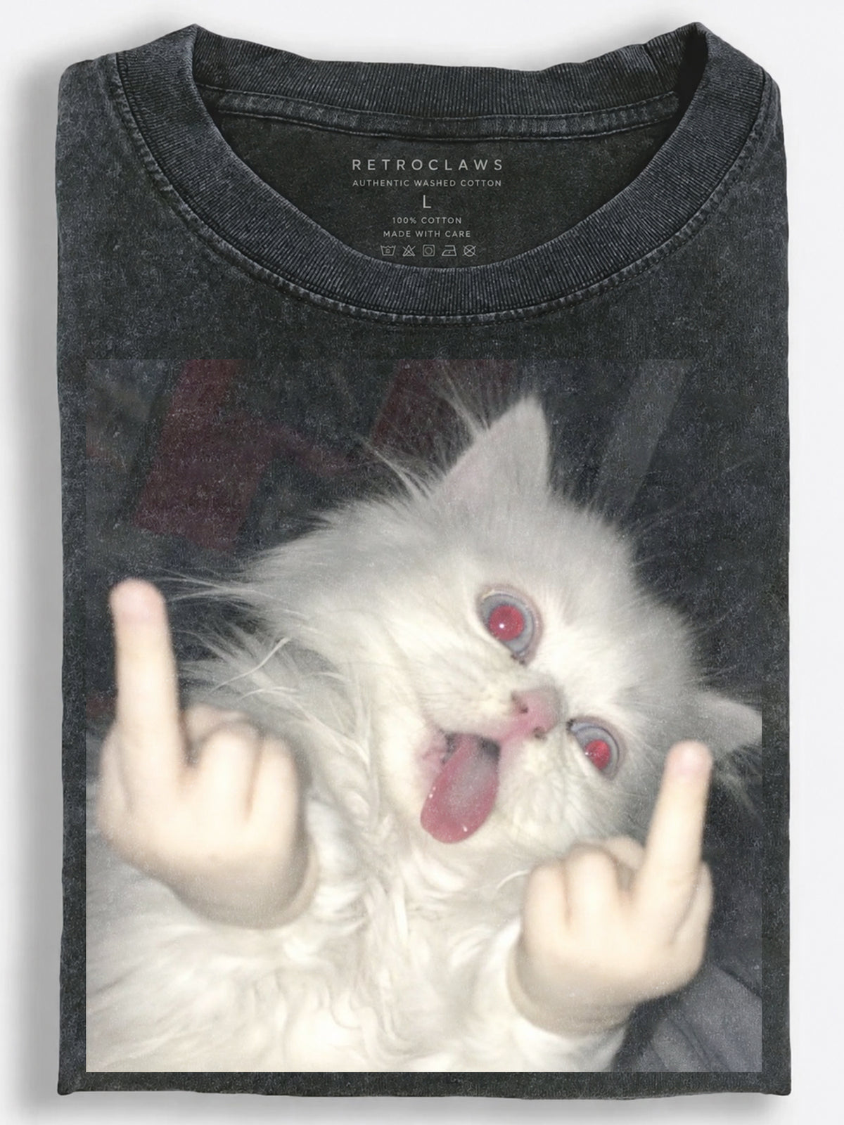 Crazy White Cat Double Middle Finger Vintage Washed T-Shirt