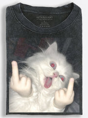 Crazy White Cat Double Middle Finger Vintage Washed T-Shirt
