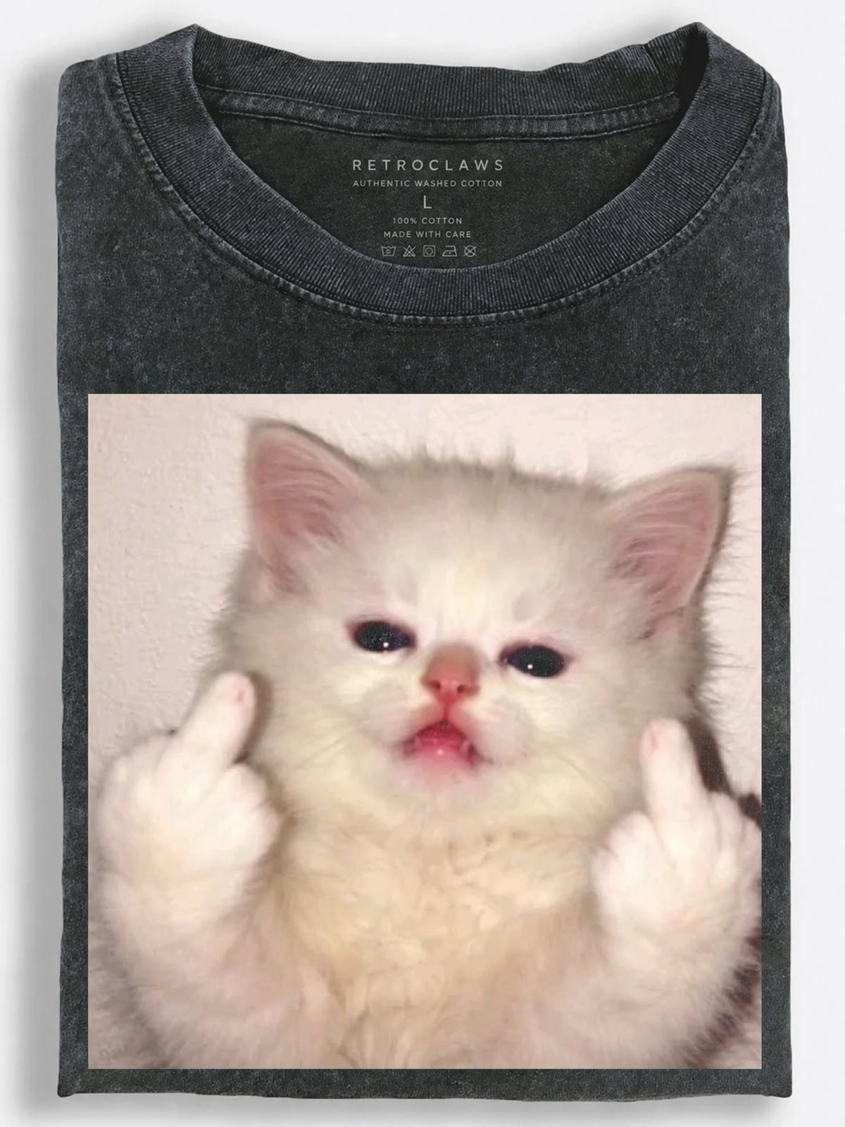 Grumpy White Kitten Double Middle Finger Vintage Washed T-Shirt