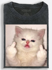 Grumpy White Kitten Double Middle Finger Vintage Washed T-Shirt