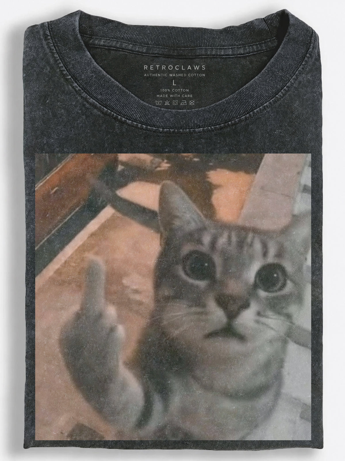 Shocked Gray Cat Middle Finger Vintage Washed T-Shirt