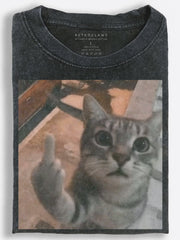 Shocked Gray Cat Middle Finger Vintage Washed T-Shirt