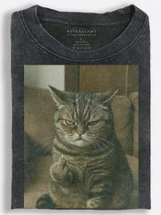 Grumpy Tabby Cat Holding a Mouse Vintage Washed T-Shirt