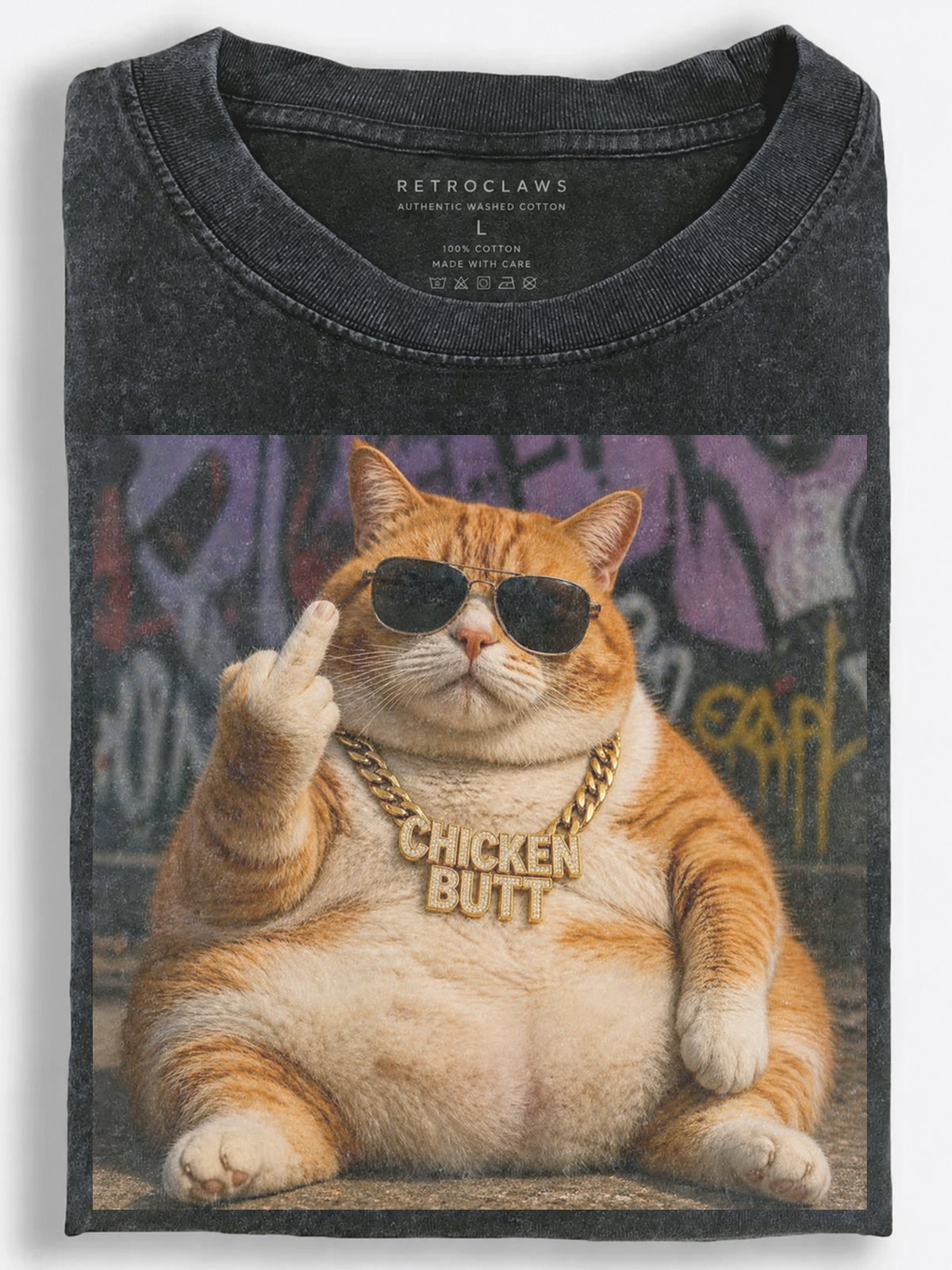 Gangster Orange Cat Chicken Butt Vintage Washed T-Shirt