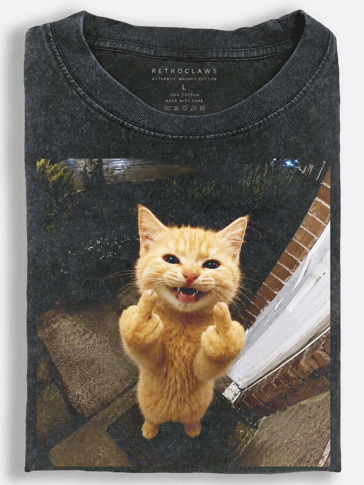 Angry Orange Cat Double Middle Finger Vintage Washed T-Shirt