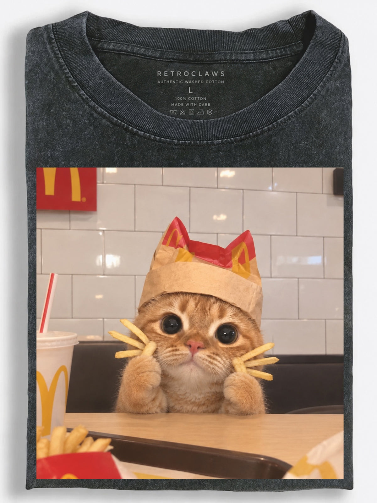 Cute Cat Holding French Fries Vintage Washed T-Shirt（副本）