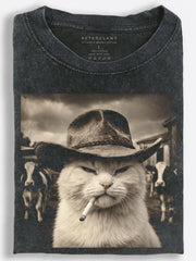 Smoking Cowboy Cat Western Style Vintage Washed T-Shirt