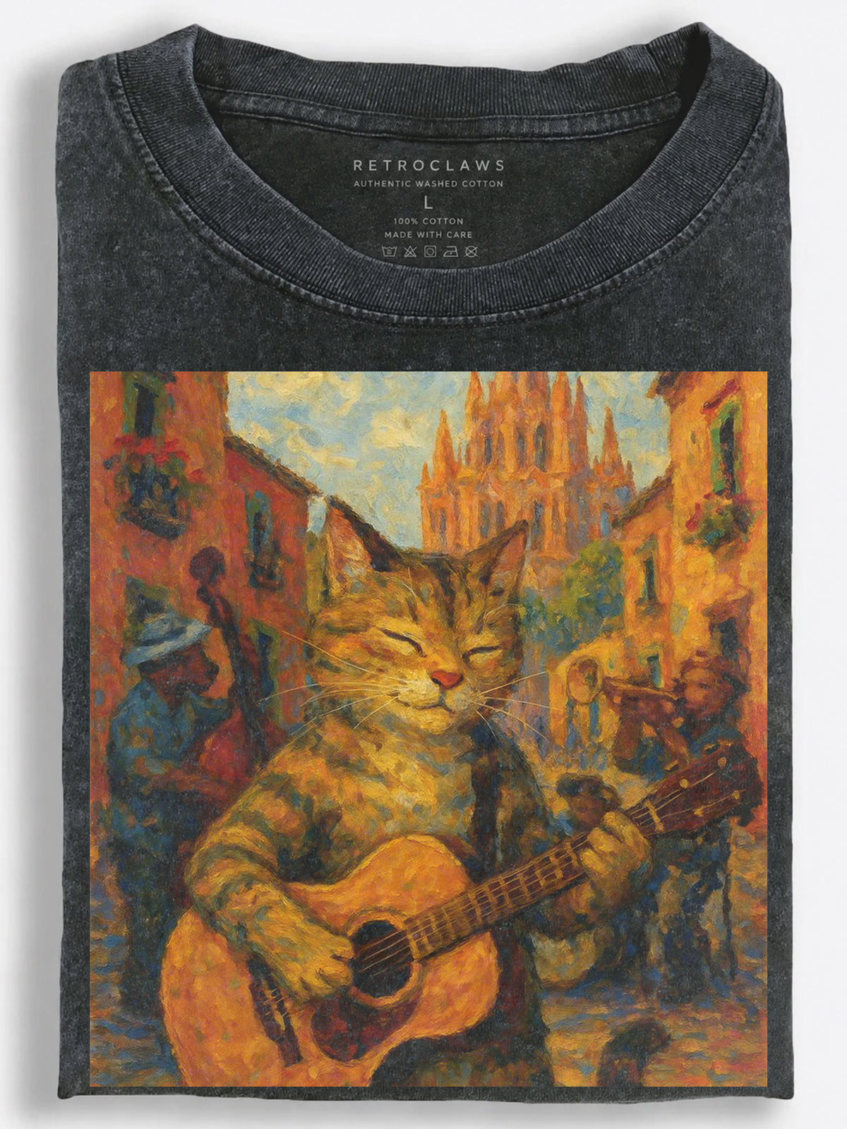 Orange Cat Singing on Stage Classical Oil Painting Vintage Washed T-Shirt