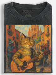 Orange Cat Singing on Stage Classical Oil Painting Vintage Washed T-Shirt