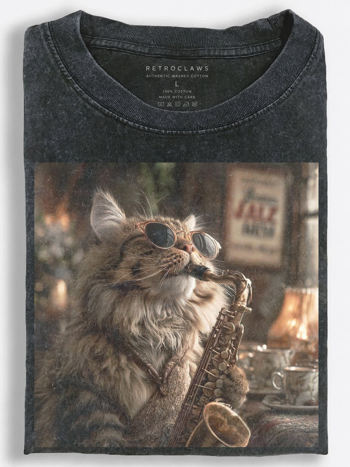 Guitar-Playing Cat in a European Street Impressionist Art Vintage Washed T-Shirt