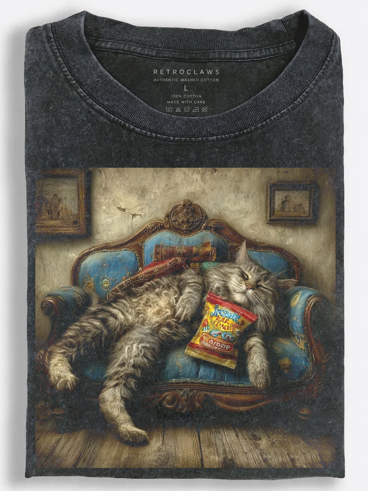 Orange Cat Napping Beneath Hanging Fish Rustic Oil Painting Vintage Washed T-Shirt