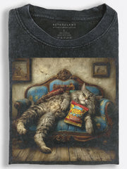 Orange Cat Napping Beneath Hanging Fish Rustic Oil Painting Vintage Washed T-Shirt