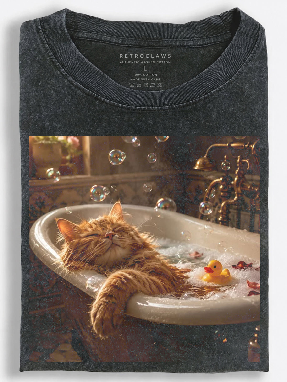 Relaxed Orange Cat Taking a Bubble Bath Cozy Humor Vintage Washed T-Shirt