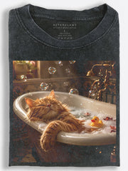 Relaxed Orange Cat Taking a Bubble Bath Cozy Humor Vintage Washed T-Shirt