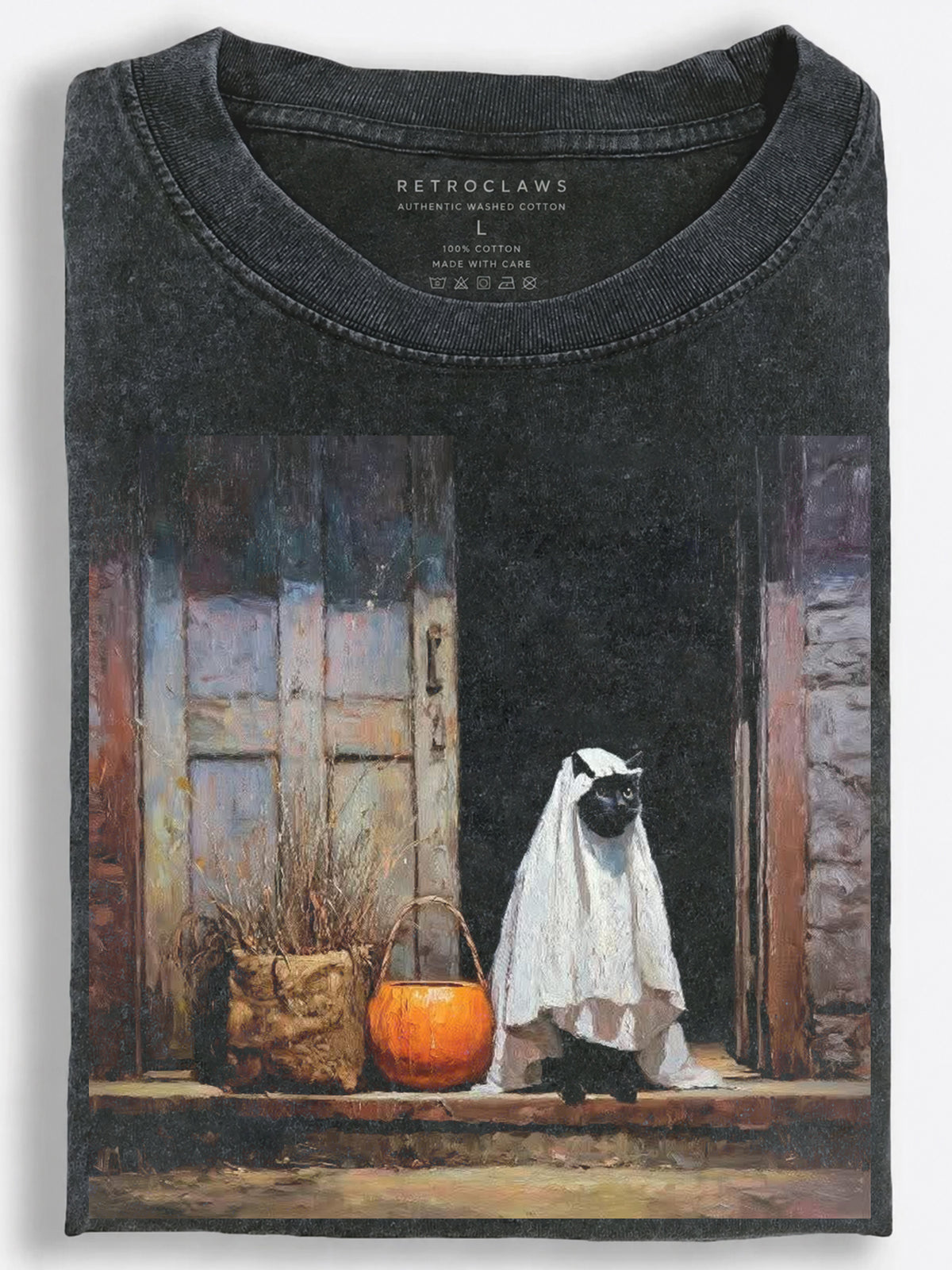 Black Cat in a Ghost Costume Halloween Oil Painting Vintage Washed T-Shirt