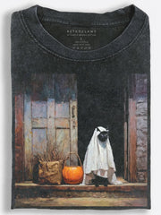 Black Cat in a Ghost Costume Halloween Oil Painting Vintage Washed T-Shirt