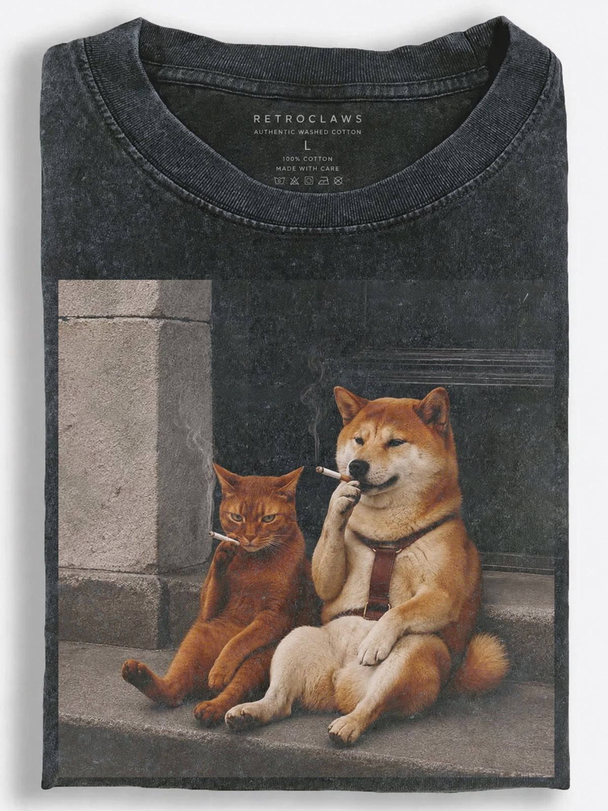 Cat and Shiba Inu Smoking Together Dark Humor Vintage Washed T-Shirt