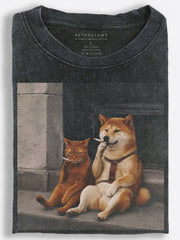 Cat and Shiba Inu Smoking Together Dark Humor Vintage Washed T-Shirt