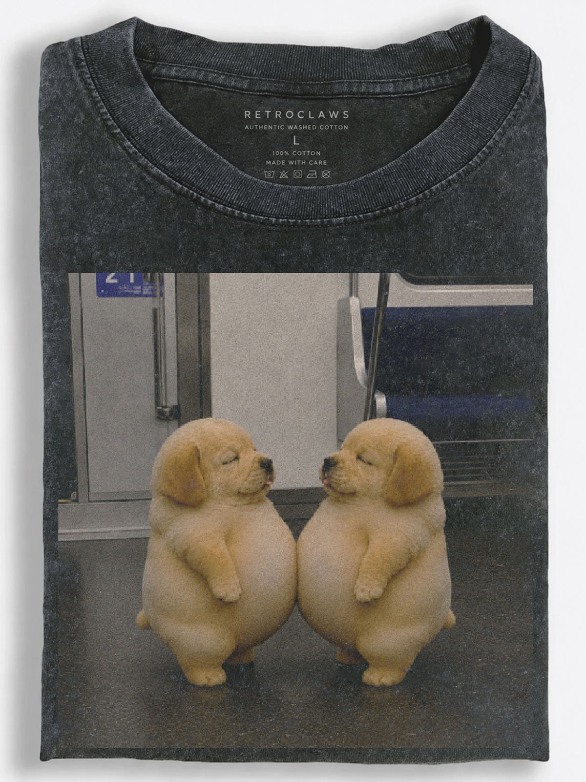 Two Chubby Golden Retriever Puppies Dancing Funny Meme Vintage Washed T-Shirt