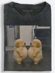 Two Chubby Golden Retriever Puppies Dancing Funny Meme Vintage Washed T-Shirt